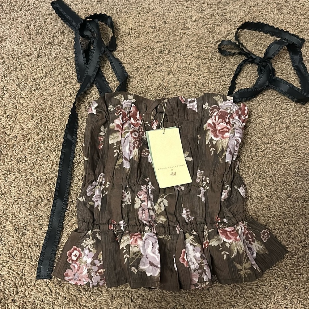 H&M Brown Floral Smocked Ruffled Tie-Strap Top